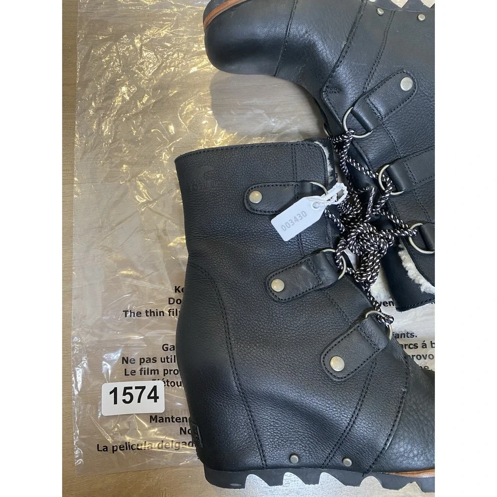 Sorel Joan of Arctic Wedge Black Leather Shearling Winter Snow Boots Women's 8.5